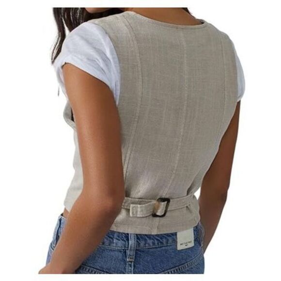 We The Free x FP OB1658551 Women's Sz M Khaki/Taupe Charley Linen Blend Vest - Picture 9 of 9